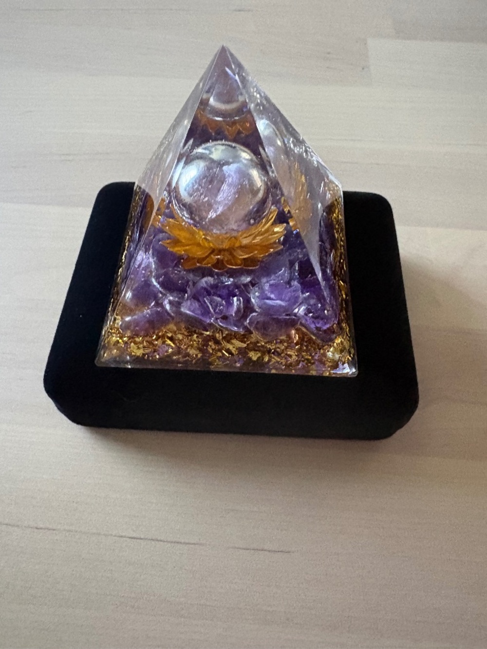 Amethyst Crystal Orgonite Pyramid with Floating Sphere&Golden Lotus